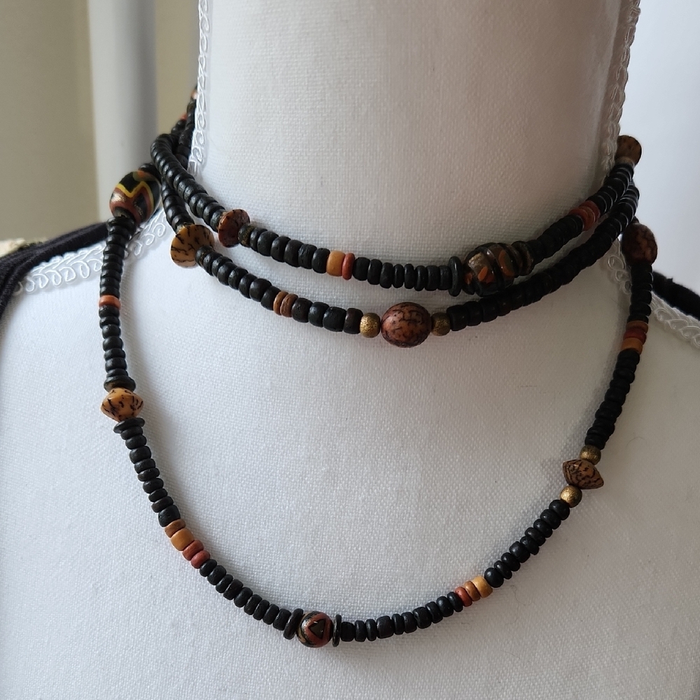 Long Black and Tan Tribal Wood Beaded Necklace 24"